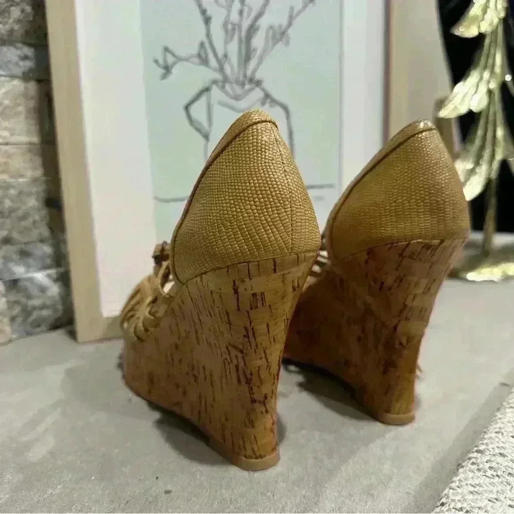 Bakers Porsha beige man made strappy sandal‎ cork platform wedges 6.5B